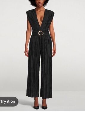 Sabina Musayev Black Pleated V-Neck Sleeveless Jumpsuit with Buckle Waist